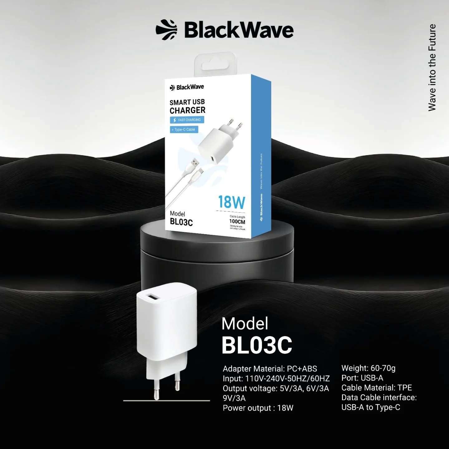BLACKWAVE Caricatore da muro 18W USB-A BIANCO FAST CHARGER + CAVO USB-C BL03C