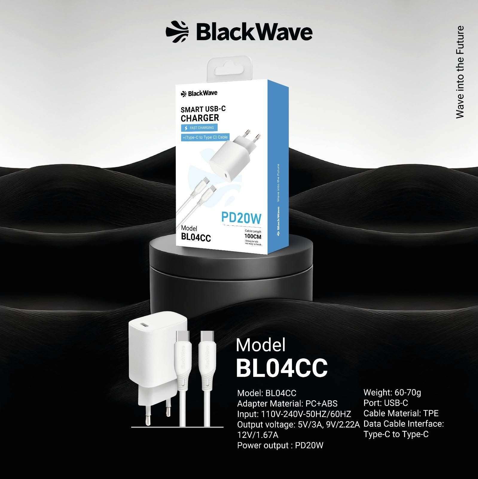 BLACKWAVE Caricatore da muro PD20W USB-C BIANCO FAST CHARGER + CAVO USB-C TO USB-C BL04CC